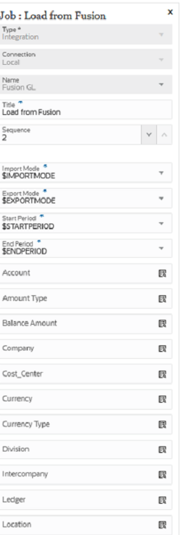 イメージはFusionへのロード統合ジョブ・タイプのジョブ・パラメータを示します。