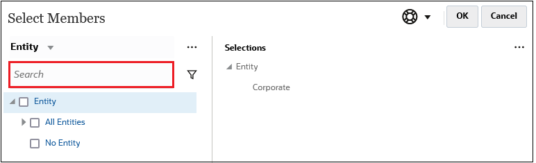 「検索」フィールドが選択されている「メンバーの選択」ダイアログ・ボックス