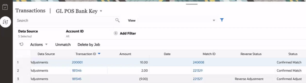 [트랜잭션] 탭에서 확인된 일치가 있는 조정