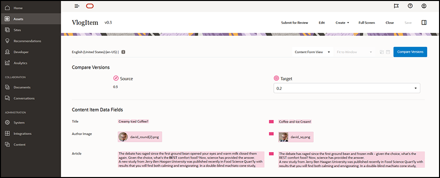 콘텐츠 항목 버전 비교 콘텐츠 항목 버전 비교
