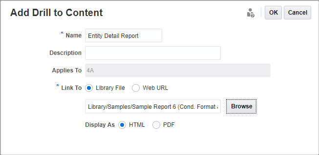 절차에 설명된 필드가 있는 드릴스루 추가 대화 상자를 보여주는 스크린샷