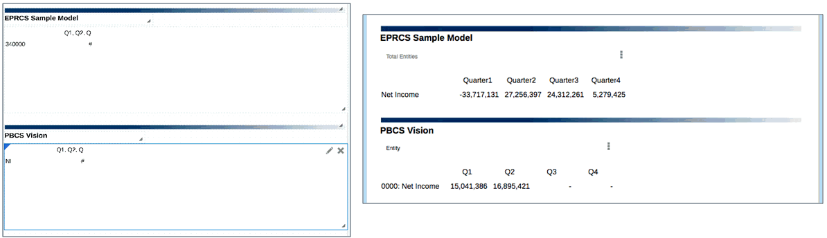 데이터 소스가 서로 다른 두 개의 그리드를 편집 및 미리보기 모드로 보여주는 스크린샷. 밑에 설명 추가.