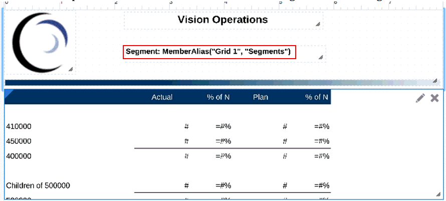 머리글에 사용된 Segment: MemberAlias("Grid 1", "Segments") 공식을 보여주는 스크린샷