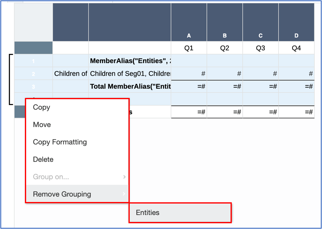행 또는 열에서 그룹화 제거