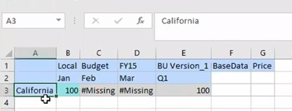 California가 유일한 행 멤버로 포함된 초기 Smart View 임시 그리드