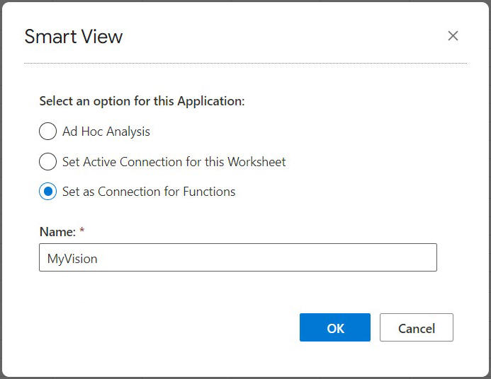 임시 분석, 이 워크시트의 활성 연결 설정, 함수의 연결로 설정 세 가지 옵션이 표시된 연결 대화상자입니다. 함수에 사용할 연결 이름을 입력하는 이름 필드도 있습니다.