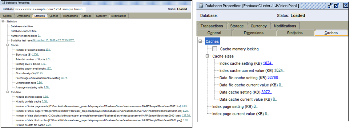BSO 큐브 데이터베이스 등록정보 화면의 통계 및 캐시 탭 샘플