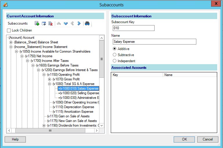 A caixa de di&aacute;logo Adicionar Subconta &eacute; exibida.