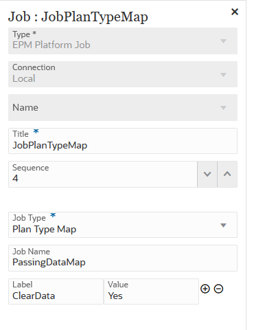 A imagem mostra par&acirc;metros do job Mapeamento de Tipos de Plano para um tipo de job do EPM Platform: