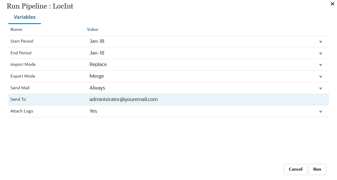 A imagem mostra a página Executar Pipeline. A imagem mostra a página Executar Pipeline.