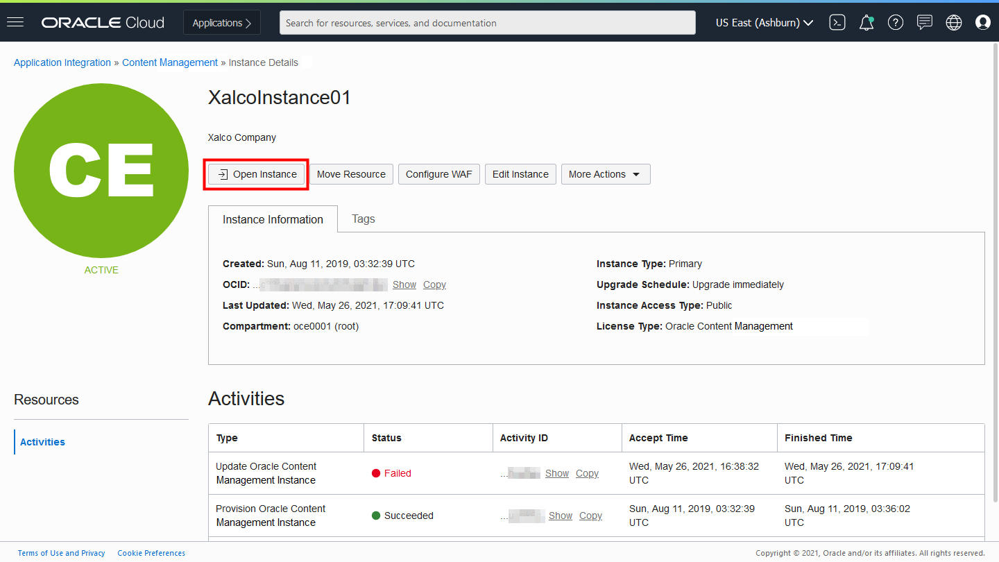 “打开实例”按钮 “打开实例”按钮