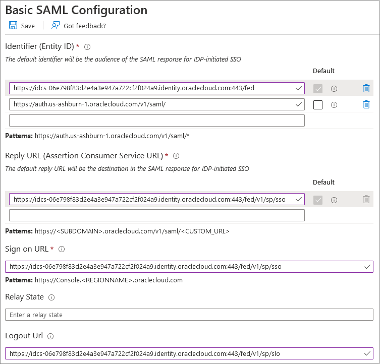 Oracle Cloud Infrastructure 控制台企业应用程序的 SAML 基本配置设置