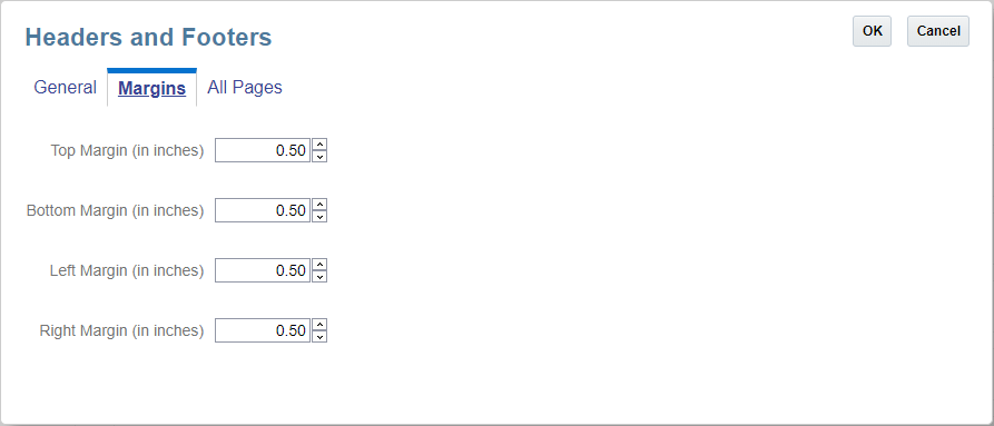 屏幕截图中显示了含有 "Top"（顶部）、"Bottom"（底部）、"Left"（左侧）和 "Right"（右侧）字段的 "Margins"（页边距）选项卡