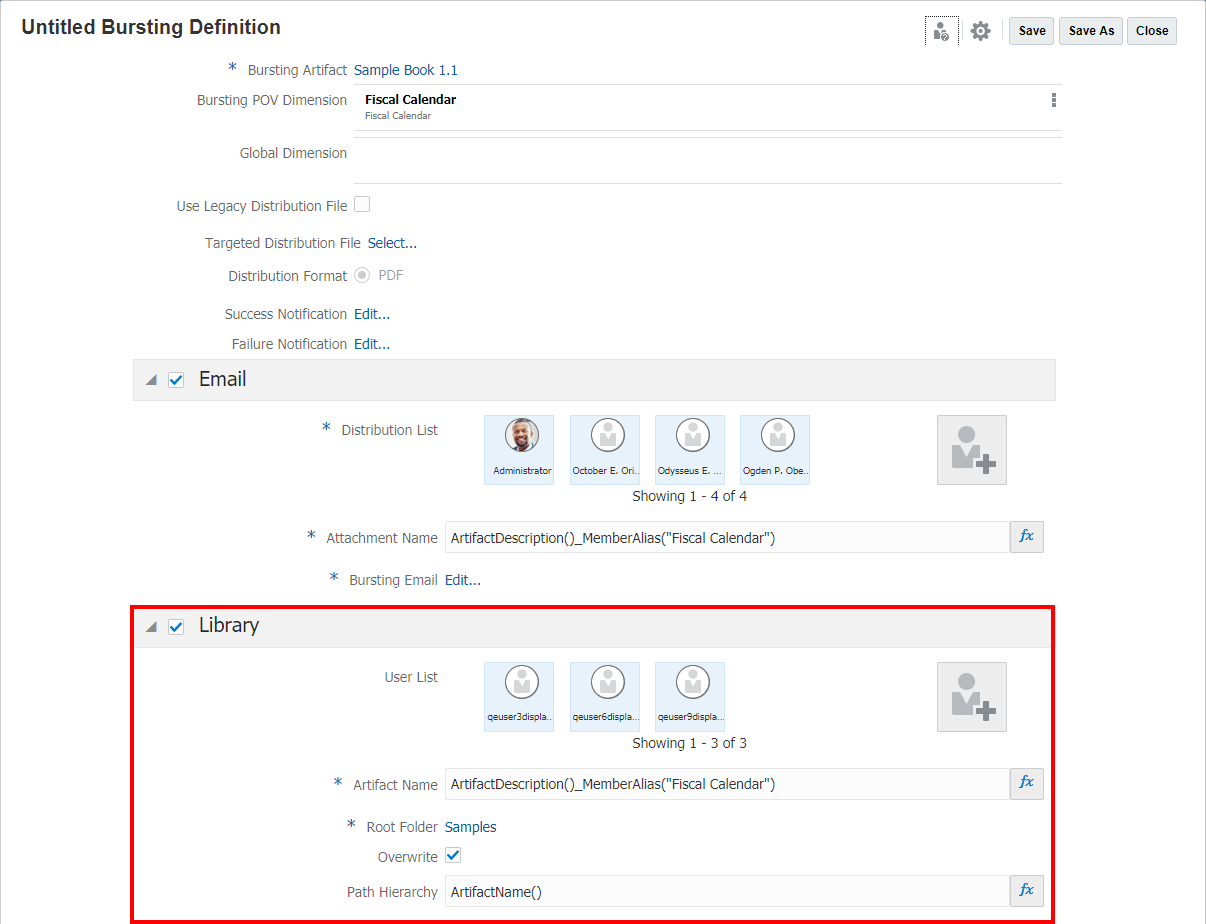 "Bursting Definition"（分别输出定义）中的 "Llibrary"（库）设置