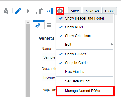 可以从报表设计器导航到 "Manage Named POVs"(管理命名 POV)按钮 可以从报表设计器导航到 "Manage Named POVs"(管理命名 POV)按钮
