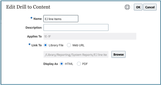 屏幕截图中显示了 "Edit Drill Through"（编辑穿透钻取）对话框，其中包括上述过程中介绍的字段