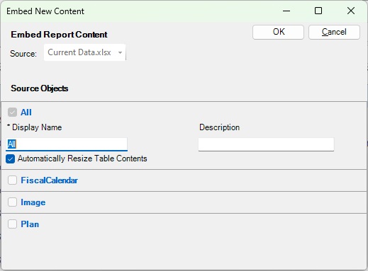 选择了命名范围的&ldquo;嵌入新内容&rdquo;对话框。