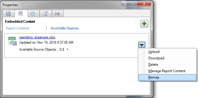 &ldquo;操作&rdquo;下拉菜单，其中包含&ldquo;上传&rdquo;、&ldquo;下载&rdquo;、&ldquo;删除&rdquo;、&ldquo;管理报表内容&rdquo;和&ldquo;重新映射&rdquo;选项
