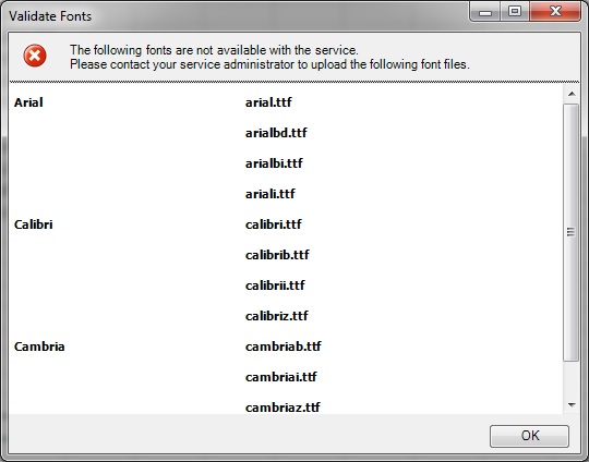 &ldquo;验证字体&rdquo;对话框，其中列出 Narrative Reporting 功能区服务中缺少的字体