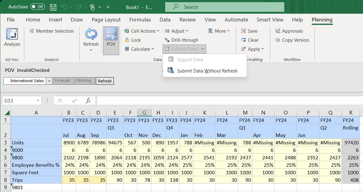 弹性表单显示了已修改单元格 B8、C8 和 D8 以及在表单最后一行下方添加的成员。