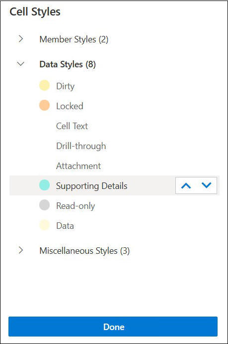 显示&ldquo;成员&rdquo;、&ldquo;数据&rdquo;和&ldquo;其他&rdquo;三种单元格类型的&ldquo;单元格样式&rdquo;部分。&ldquo;数据样式&rdquo;部分将展开以显示不同的单元格数据类型，焦点位于&ldquo;支持详细信息&rdquo;样式上，光标悬停时其旁边会显示&ldquo;上移&rdquo;和&ldquo;下移&rdquo;按钮。