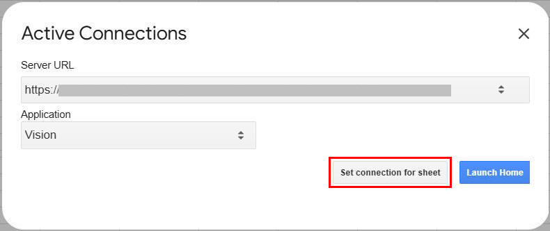 显示“活动的连接”对话框,其中包含“服务器 URL”字段、“应用程序”字段和“设置工作表的连接”按钮。 显示“活动的连接”对话框,其中包含“服务器 URL”字段、“应用程序”字段和“设置工作表的连接”按钮。