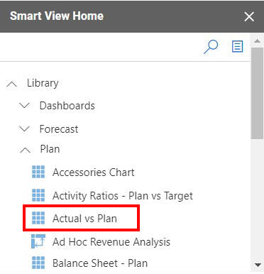 在其中选择了“实际与计划”Planning 表单的 Smart View 面板 在其中选择了“实际与计划”Planning 表单的 Smart View 面板