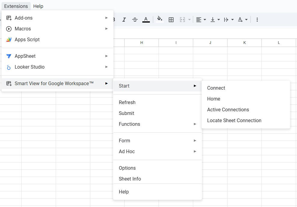 显示 Smart View for Google Workspace 菜单包含的各种操作。 显示 Smart View for Google Workspace 菜单包含的各种操作。