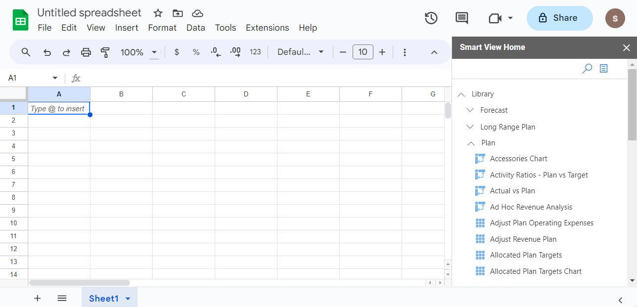 显示包含各种表单和即席网格的 Smart View 主页面板 显示包含各种表单和即席网格的 Smart View 主页面板