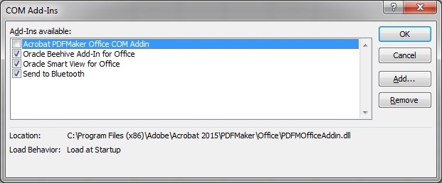 &ldquo;COM 加载项&rdquo;对话框中显示&ldquo;Acrobat PDFMaker Office COM 加载项&rdquo;处于禁用状态，其他可用加载项处于启用状态。