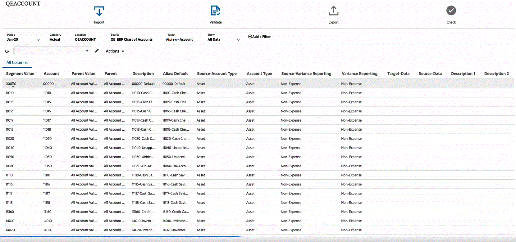 图中显示了工作区中加载的 Oracle General Ledger 元数据
