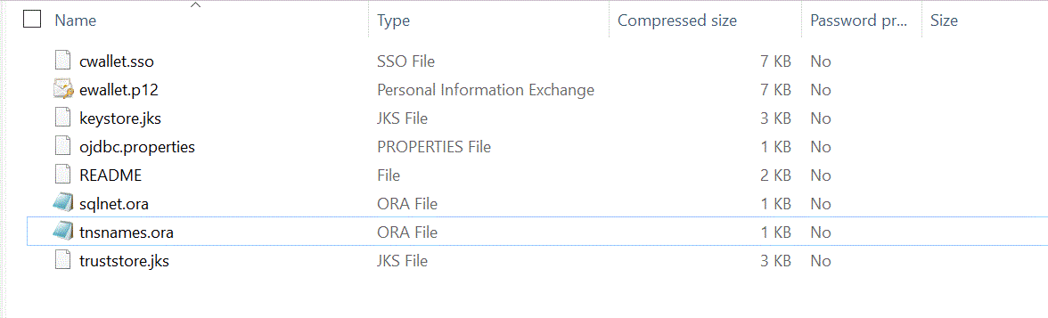 图中显示了解压缩的 Oracle wallet。