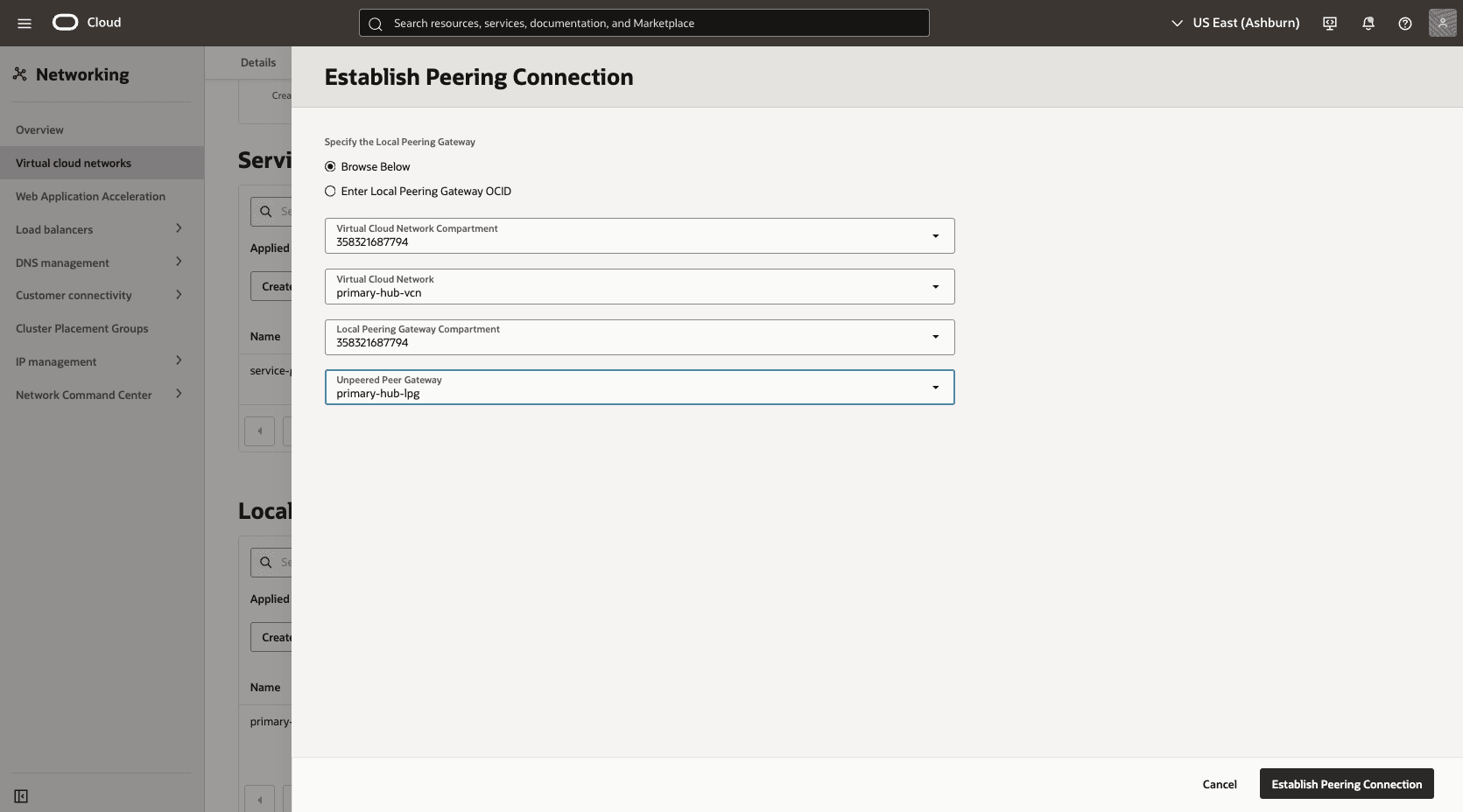 This screenshot shows how to configure the network in the primary region.