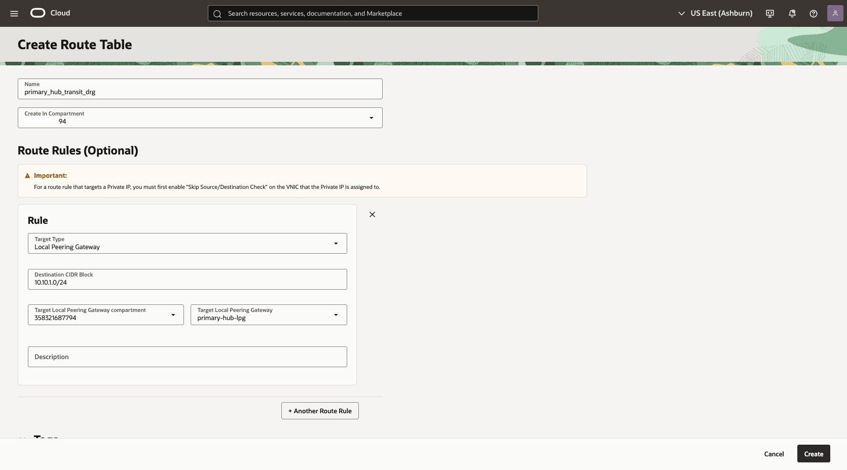 This screenshot shows how to configure the network in the primary region.