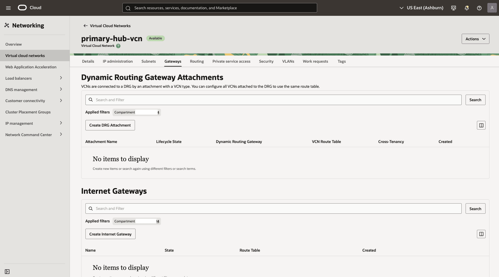 This screenshot shows how to configure the network in the primary region.