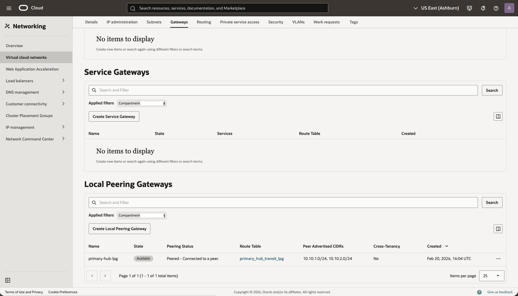 This screenshot shows how to configure the network in the primary region.
