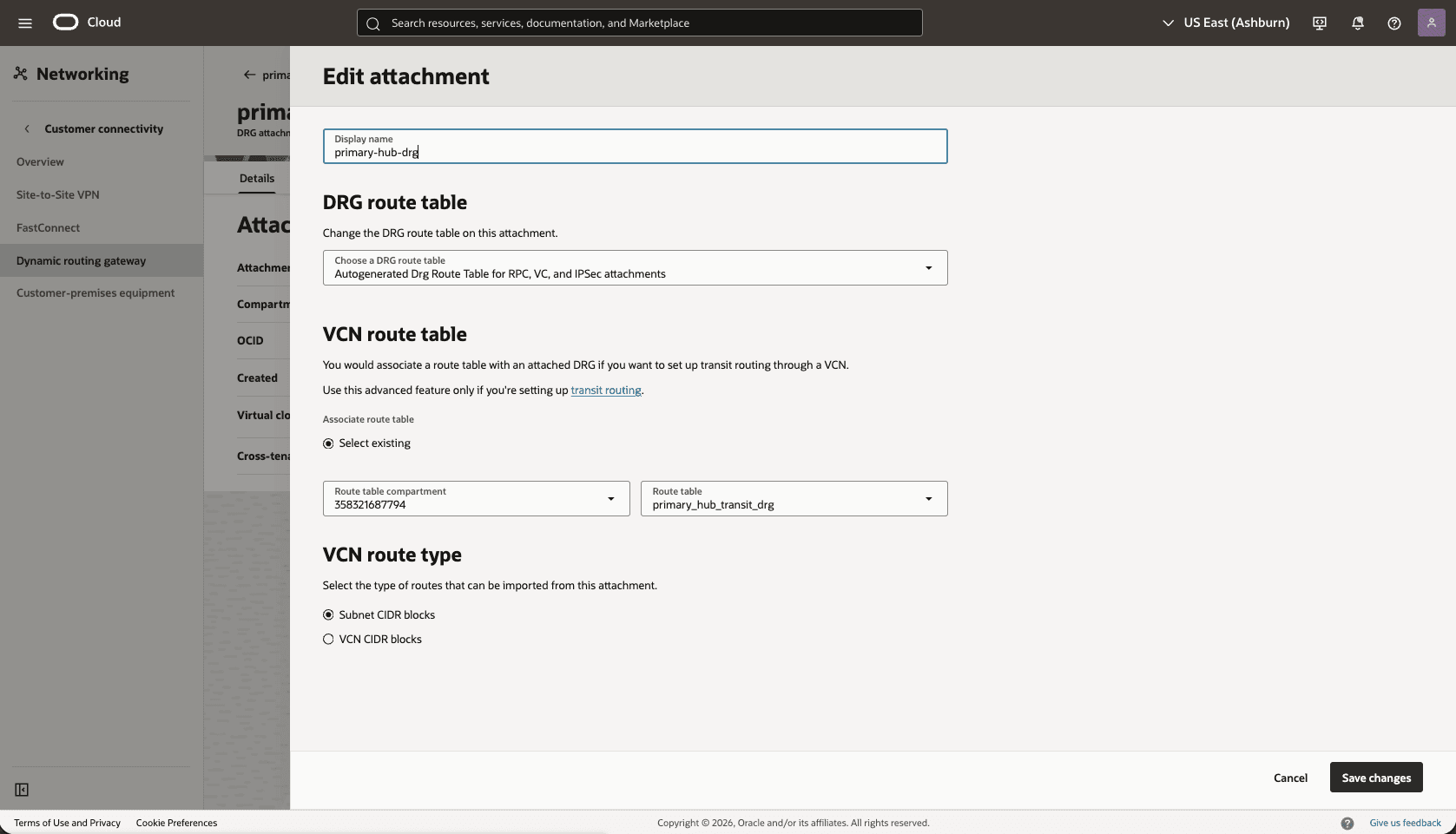 This screenshot shows how to configure the network in the primary region.