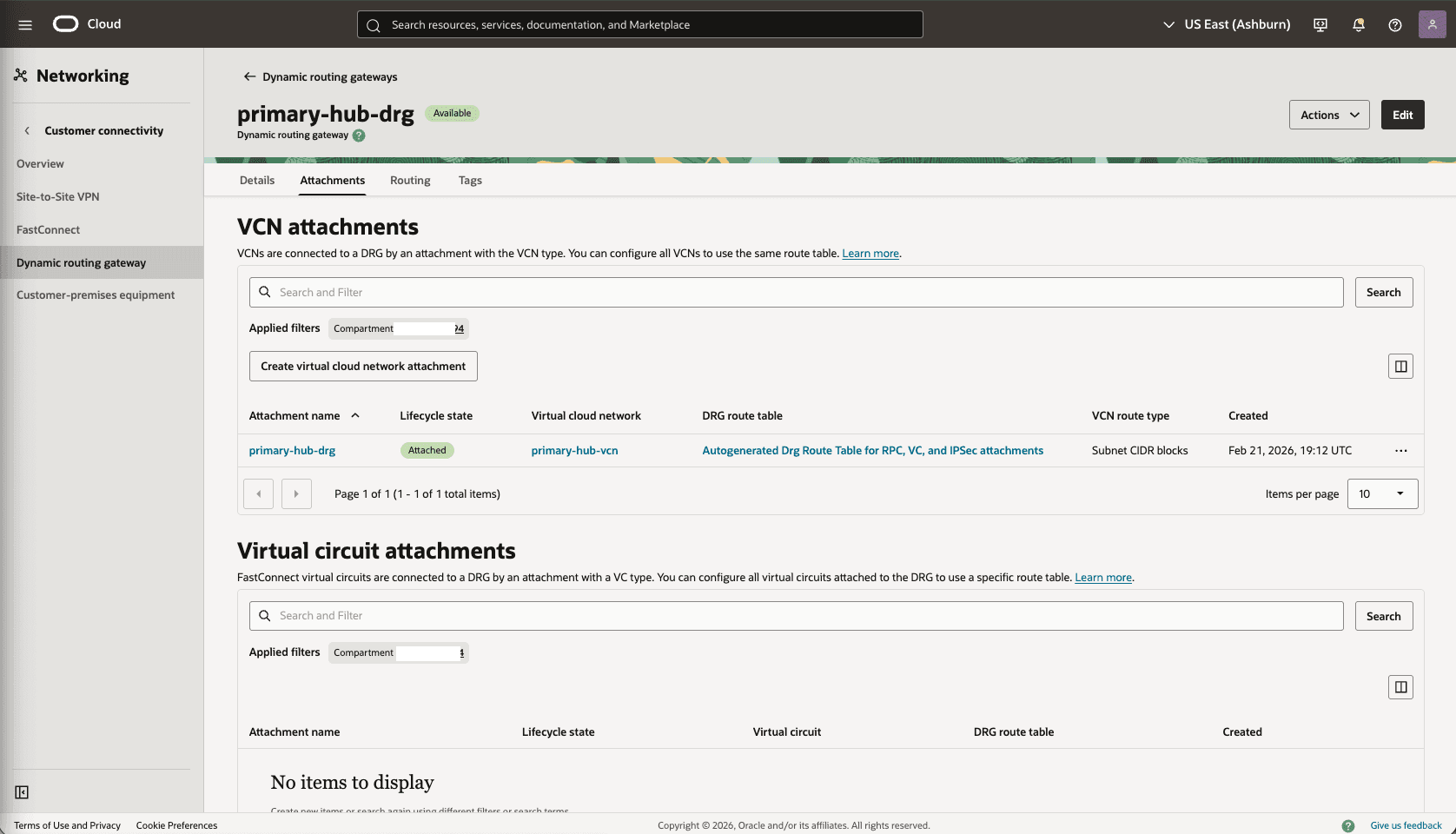 This screenshot shows how to configure the network in the primary region.