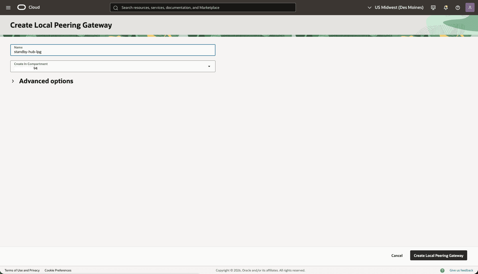 This screenshot shows how to configure the network in the standby region.