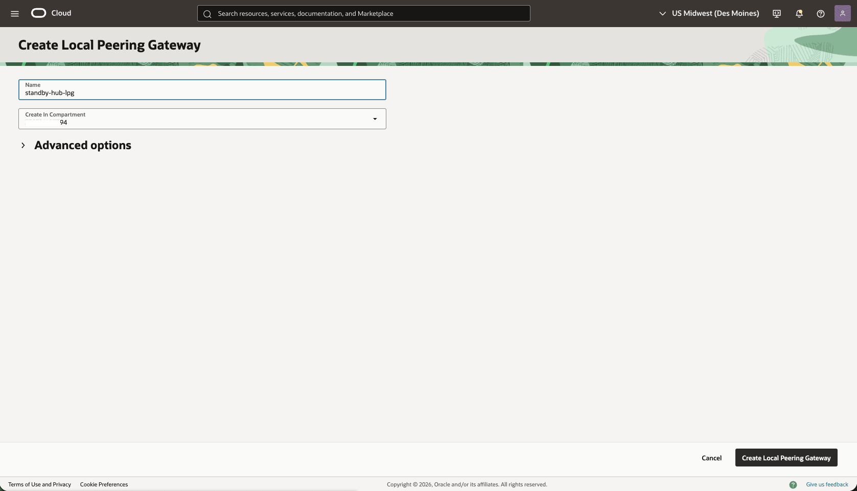 This screenshot shows how to configure the network in the standby region.