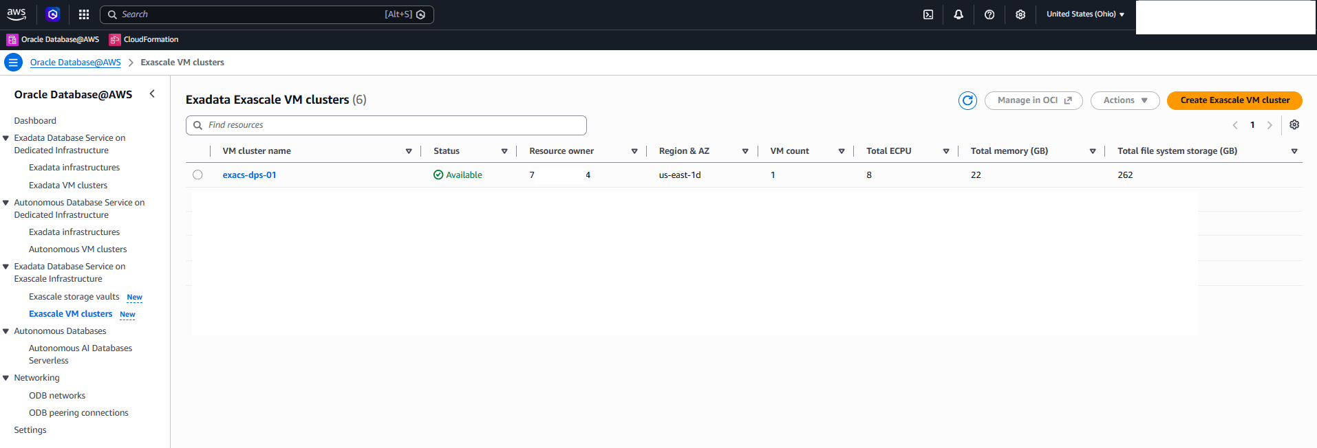 This screenshot shows how to create an Exascale VM Cluster.