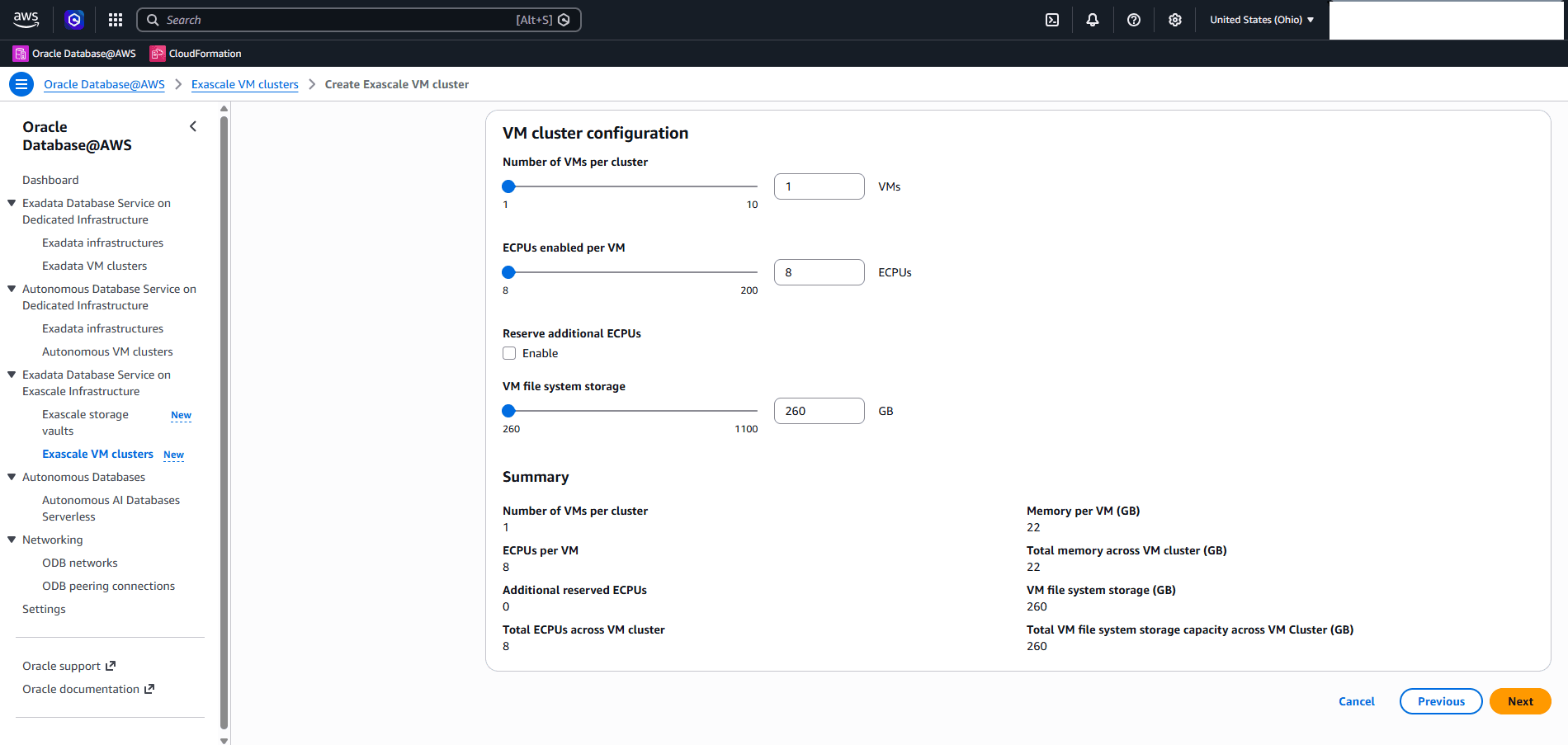 This screenshot shows how to create an Exascale VM Cluster.