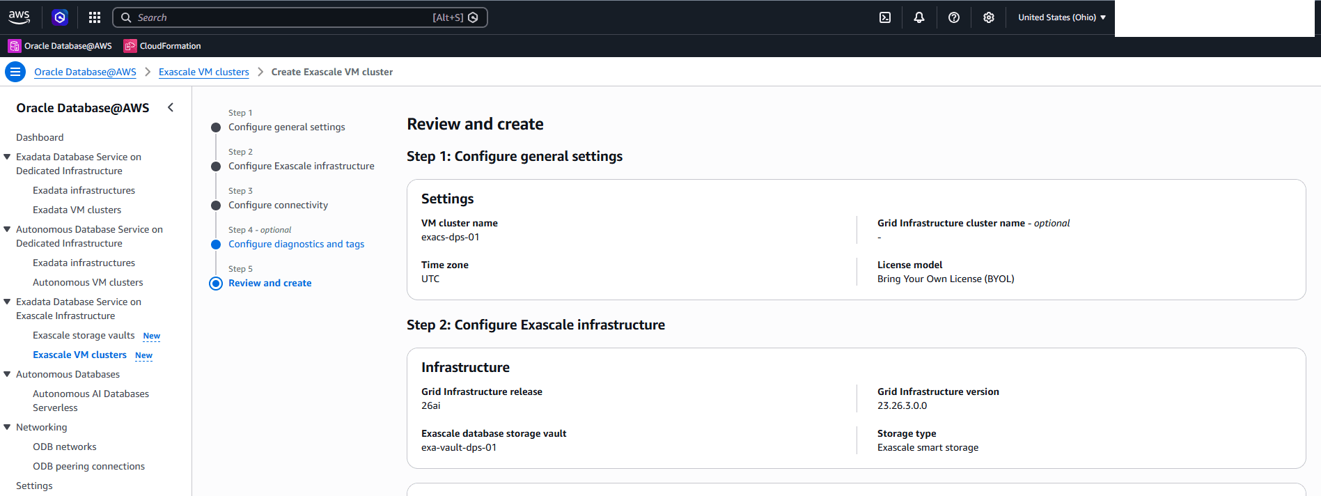 This screenshot shows how to create an Exascale VM Cluster.