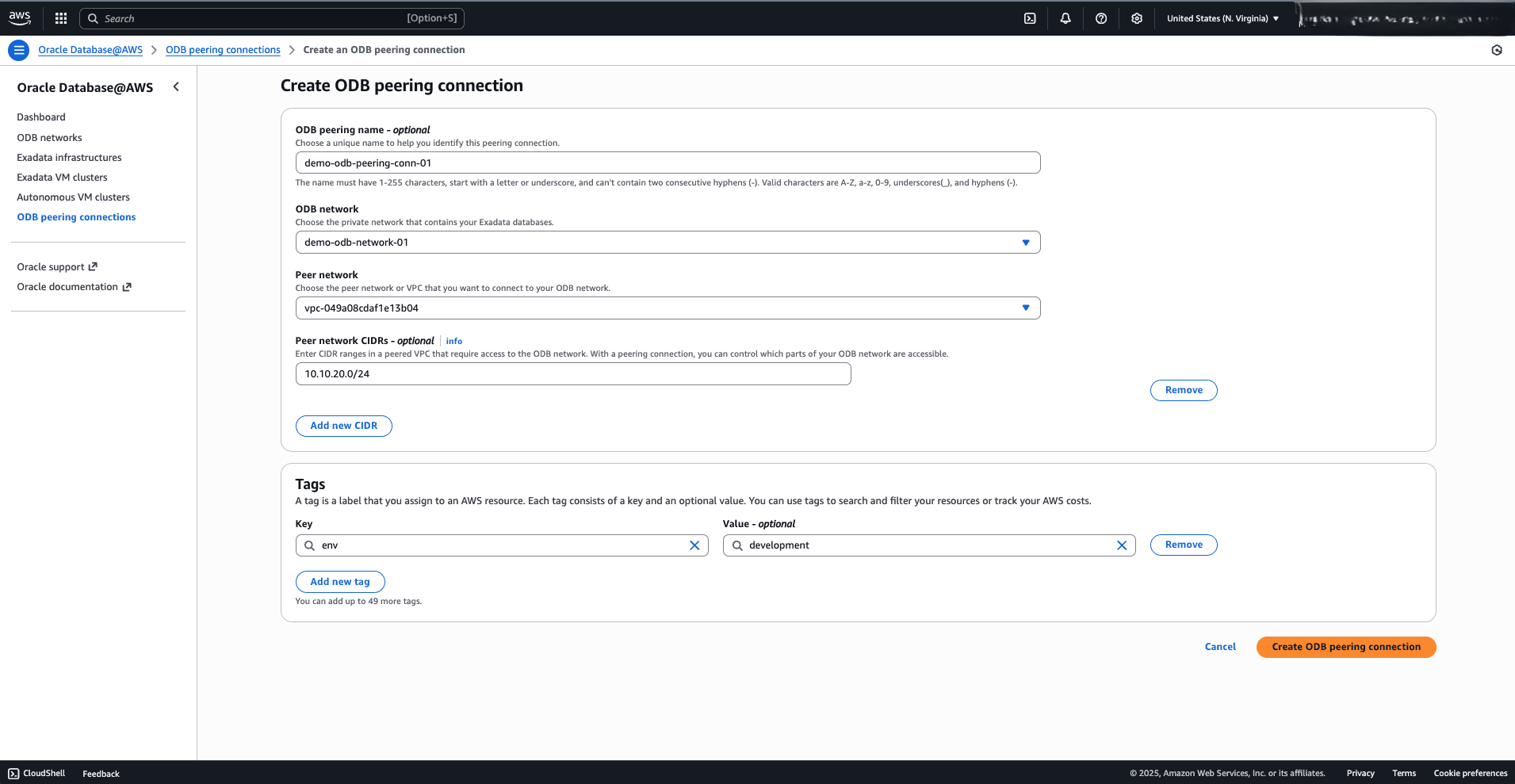 This screenshot shows the first part of creating an ODB peering connections.