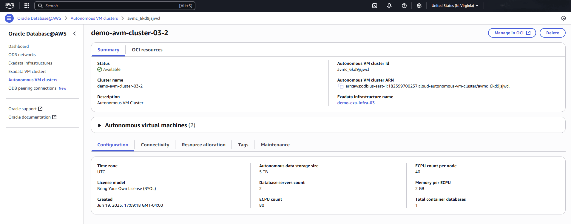 This screenshot shows the step for selecting the Manage in OCI button.