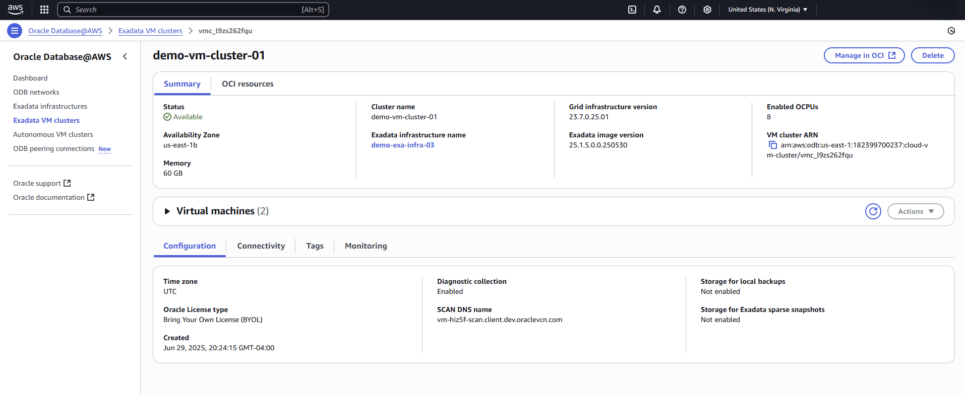 This screenshot shows the step to access the Manage in OCI button.