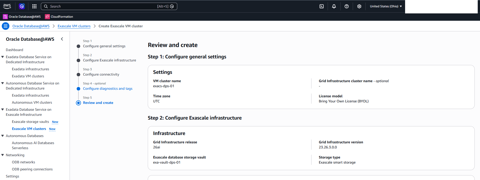 This screenshot shows how to create an ExascaleVM Cluster.
