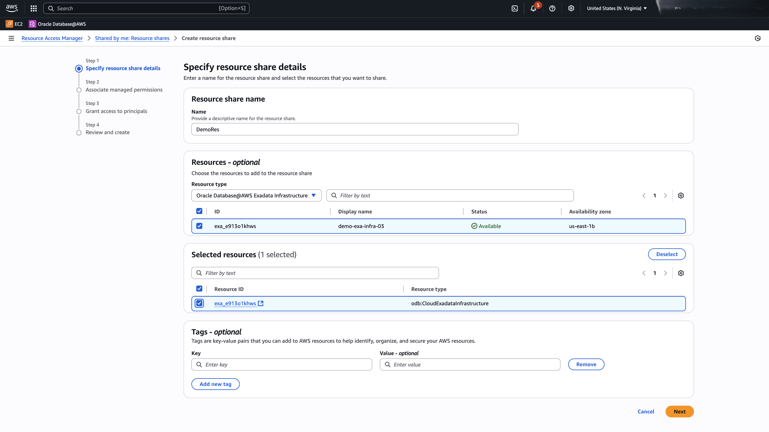 This screenshot shows how to create a resource share.