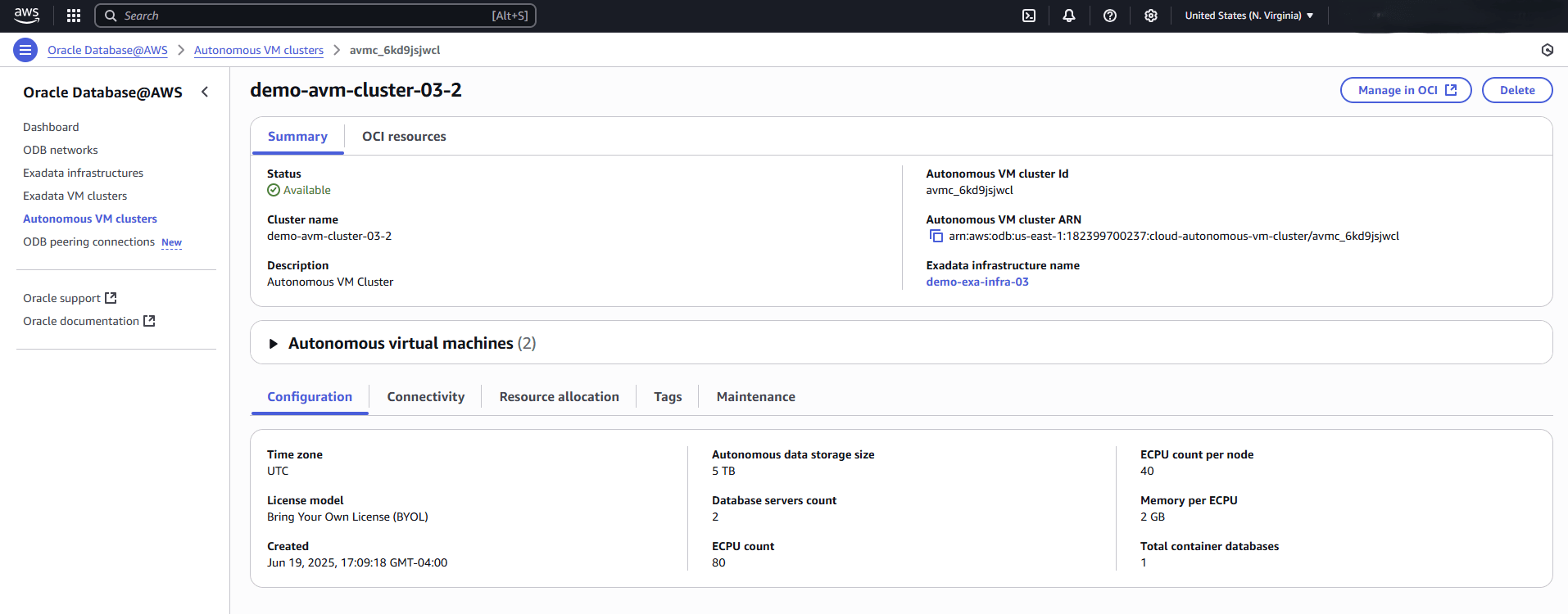 This screenshot shows the step for selecting the Manage in OCI button.