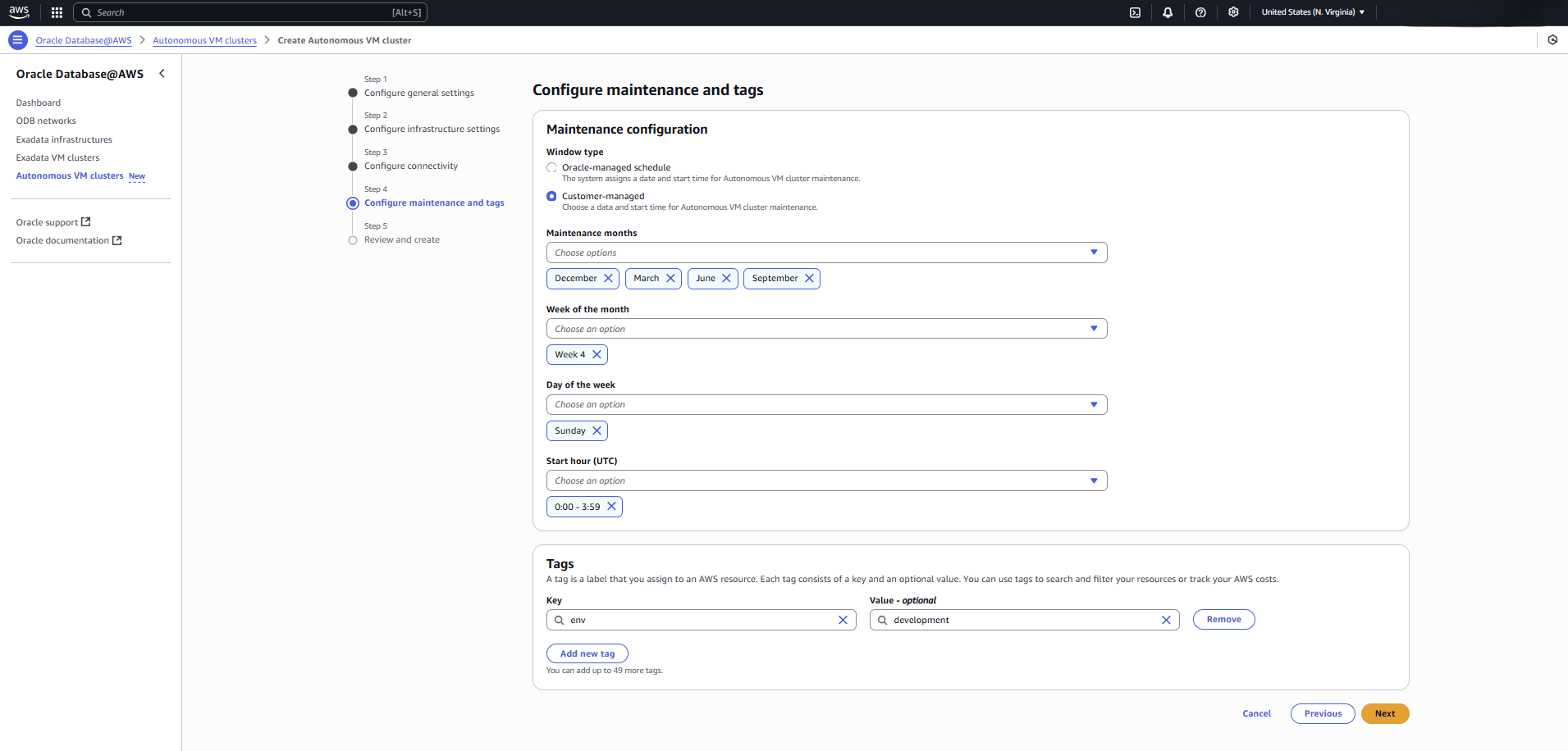 This screenshot shows the fourth part of creating an Autonomous VM Cluster